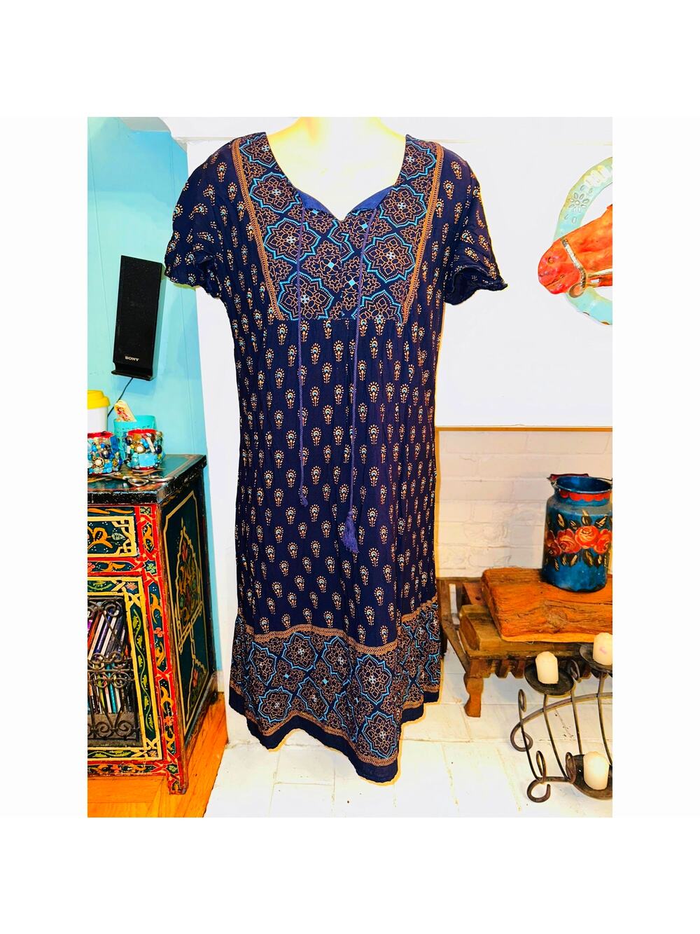 L'APOGEE ANTHROPOLOGIE BOHO INDIA BLOCK PRINT DRESS NAVY GOLD M